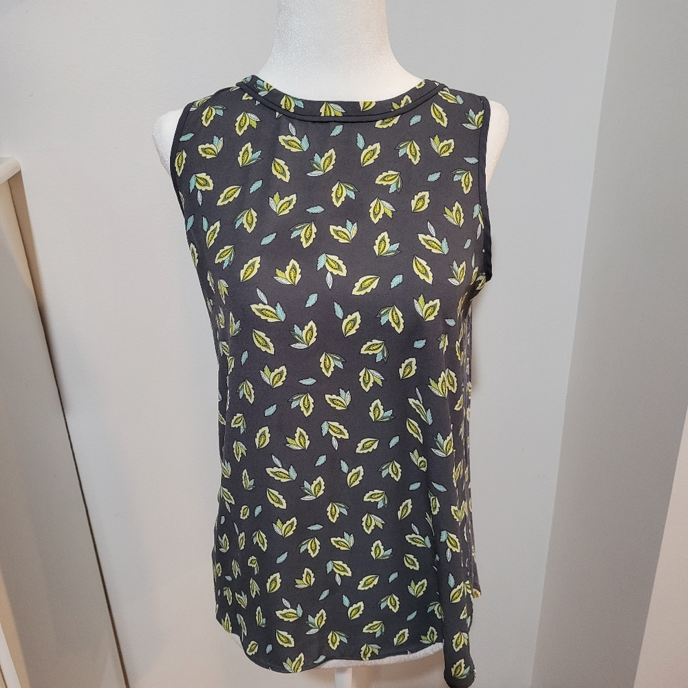 LOFT black and Yellow Floral Print Sleeveless Workwear Vacation Blouse  |SP